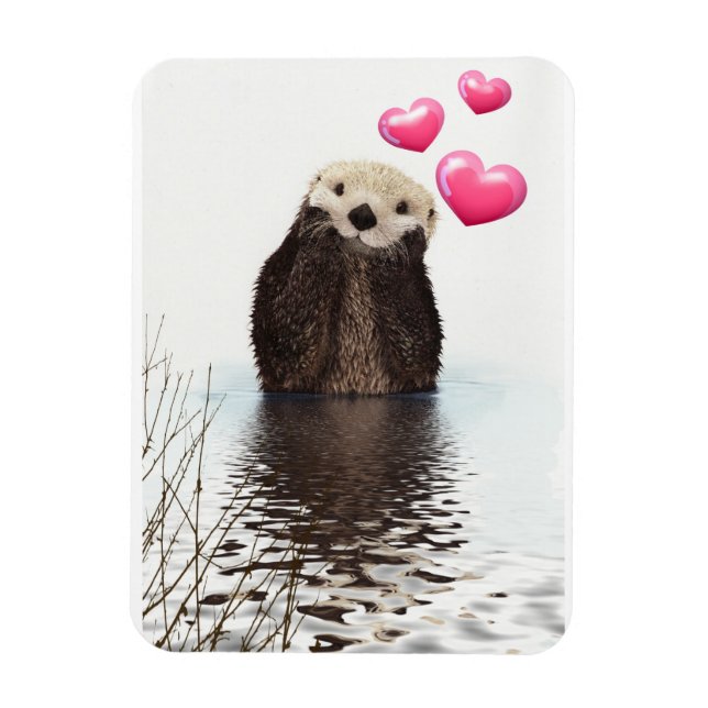 Magnet Flexible Otter mignonne avec Coeurs d'Amour Rose (Vertical)