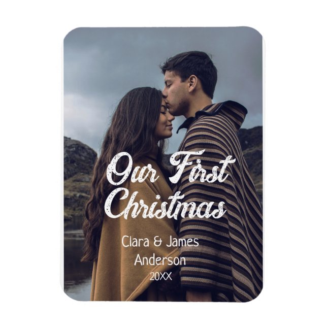 Magnet Flexible Our first Christmas couple photo name white gray (Vertical)