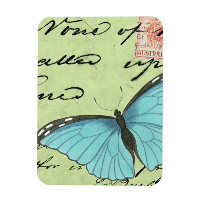 Magnet Flexible Papillon à ailes bleues sur carte postale Turquois (Vertical)