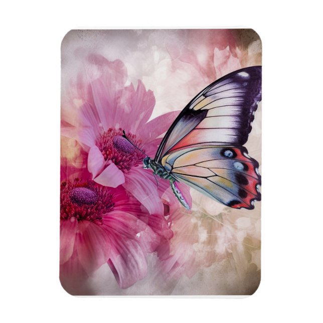 Magnet Flexible Papillon Dreamy aux fleurs roses (Vertical)
