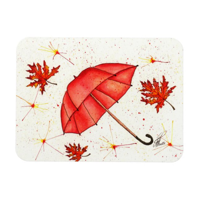 Magnet Flexible Parapluie rouge vif et aquarelle feuille rouge (Horizontal)