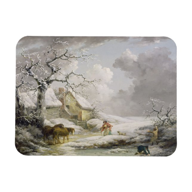 Magnet Flexible Paysage hivernal avec des hommes Snowballing une v (Horizontal)