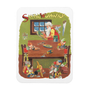 Magnet Flexible Père Noël vintage avec des lutins dans l'atelier d