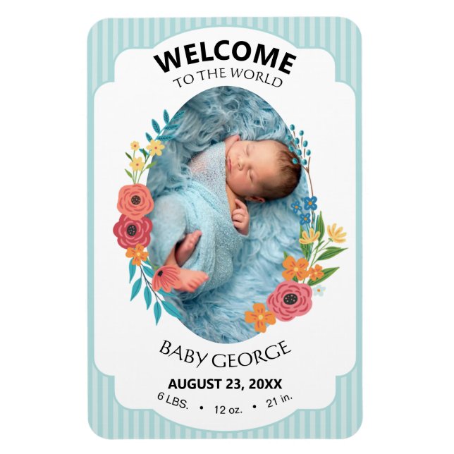 Magnet Flexible personalized baby blue floral Birth announcements (Vertical)