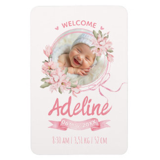 Magnet Flexible personalized baby blue floral Birth announcements