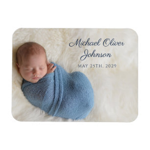 Magnet Flexible Photo bébé personnalisé avec nom en bleu et date d