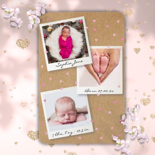 Magnet Flexible Photo Collage Bébé Fille Naissance Statistiques Fa (Photo Collage Baby Girl Birth Stats Announcement Magnet)