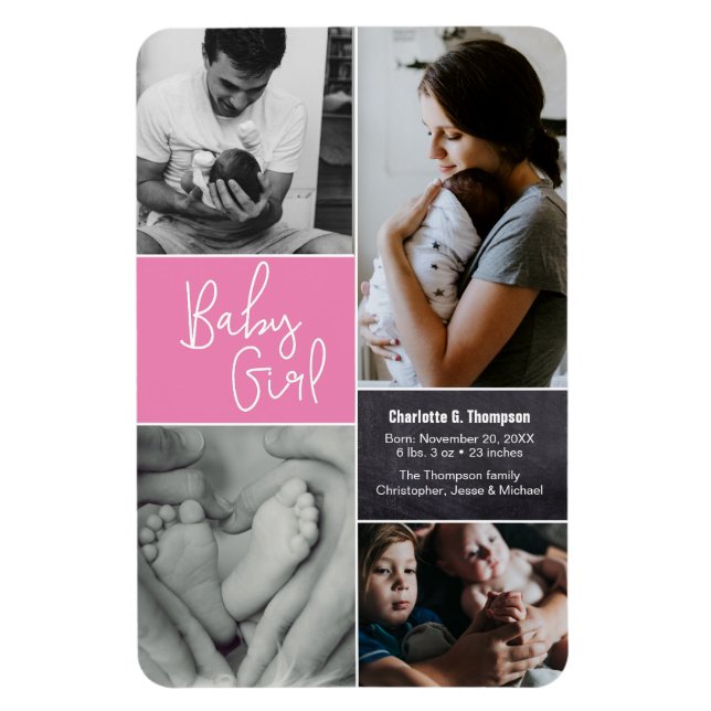 Magnet Flexible Pink Baby Girl Photo 2nd Baby Faire-part de naissa (Vertical)