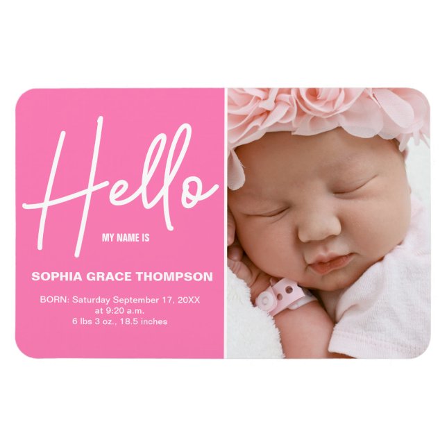Magnet Flexible PINK Hello Baby Girl Photo Faire-part de naissance (Horizontal)