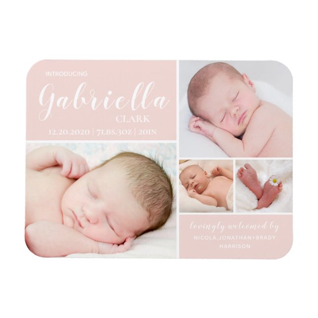 Magnet Flexible Pink Photo Collage bébé fille Faire-part de naissa (Horizontal)