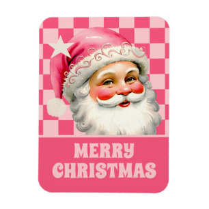 Magnet Flexible Pink Retro Santa Claus Pink Tartan Plaid Noël