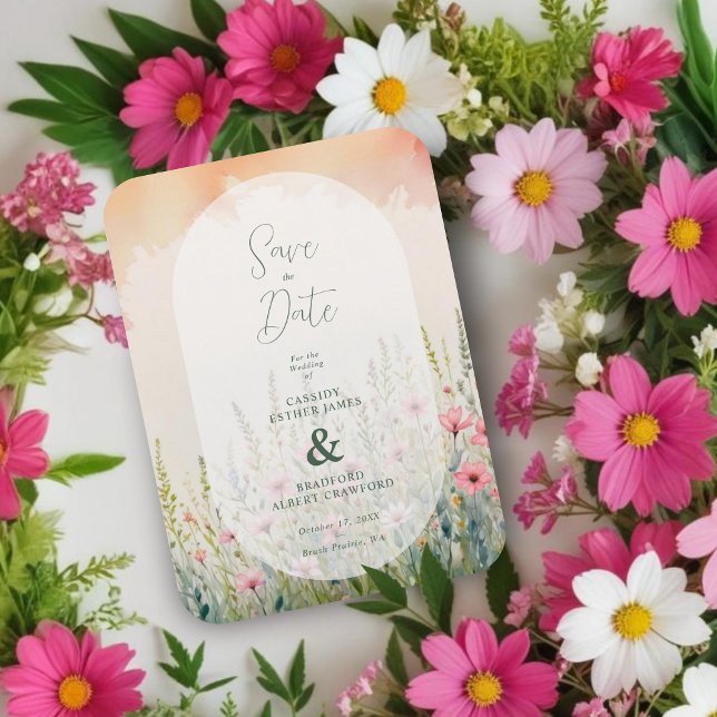 Magnet Flexible Pink Shades Delicate Romantic Wildflowers Field (Pink Delicate Romantic Wildflowers Field Wedding Save the Dates Magnets.)