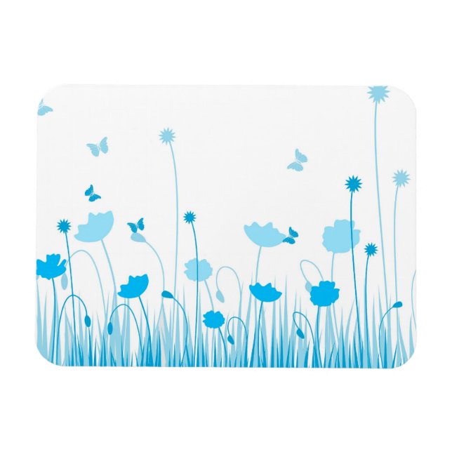 Magnet Flexible Poppies bleues et blanches minimalistes Pré floral (Horizontal)