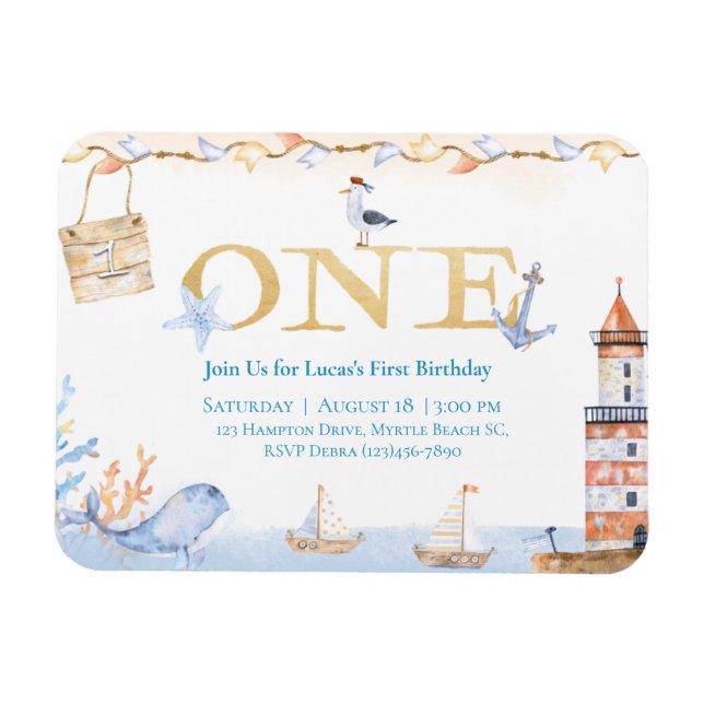 Magnet Flexible Premier anniversaire Boys Nautical Blue Lighthouse (Horizontal)