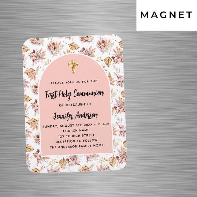 Magnet Flexible Première communion pampas fleurs rose invitation (Créateur téléchargé)