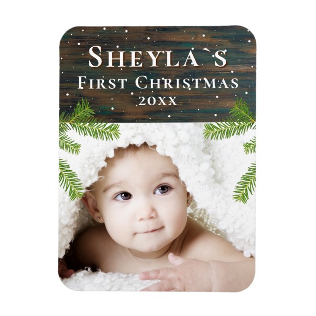 Magnet Flexible Première photo de Noël de Rustic Wood Baby (Vertical)