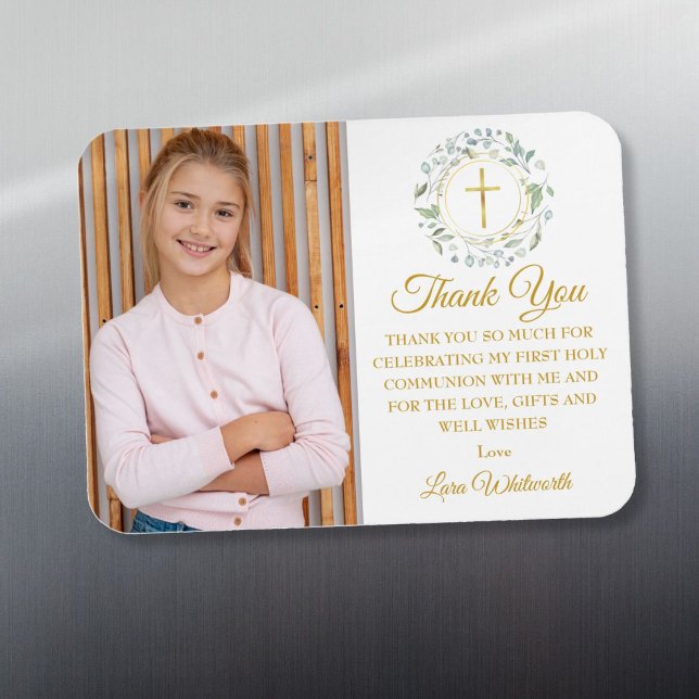 Magnet Flexible Première Sainte Communion Gold Green Merci photo (First Holy Communion Gold Greenery Photo Thank You Magnet)
