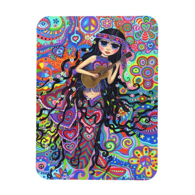 Magnet Flexible Psychédélique Hippie Mermaid Girl Jouant de la gui (Vertical)