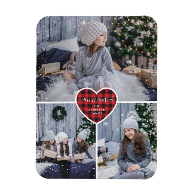 Magnet Flexible Red Buffalo Plaid Heart Snow Photo Joyeux Noël (Vertical)
