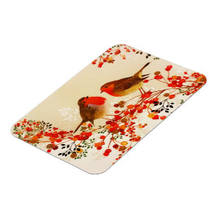 Magnet Flexible Red Gold Winter Birds Holly Berry Branches