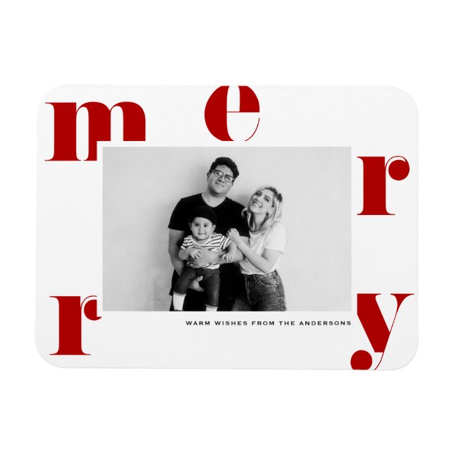 Magnet Flexible Red MERRY Bold Typographie moderne Photo Noël (Horizontal)