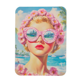 Magnet Flexible Retro Beach Girl avec lunettes de soleil florales
