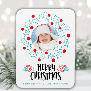Magnet Flexible Retro Joyeux Noël Holly Red Berries Photo