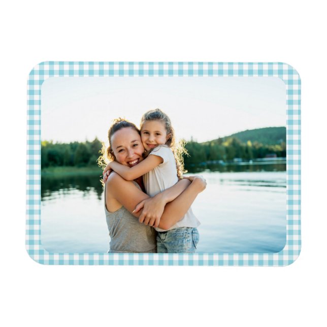 Magnet Flexible Robin Egg Blue Gingham Plaid Family Photo (Horizontal)