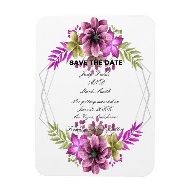 Magnet Flexible Rose Et Vert Aquarelle Floral Enregistrer La Date (Vertical)