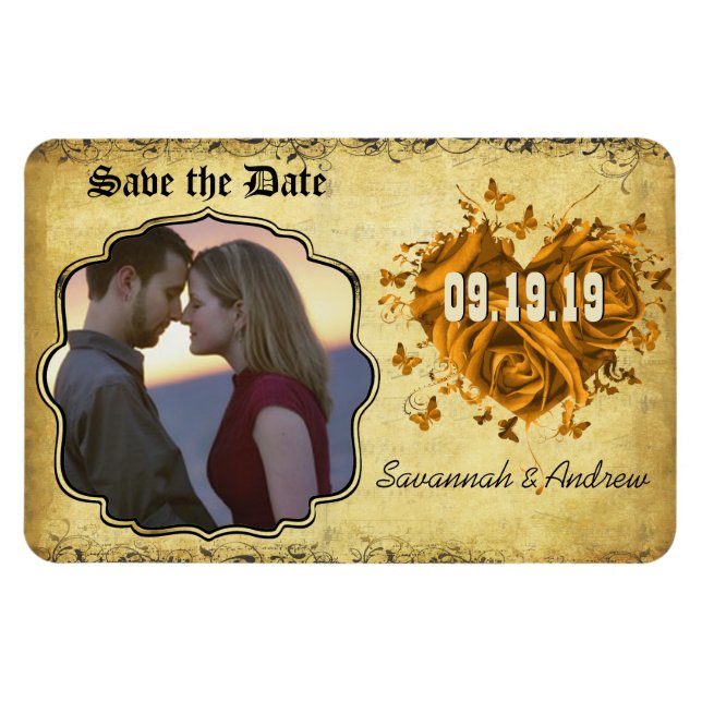 Magnet Flexible Roses et papillons Gold Heart Enregistrer la date (Horizontal)