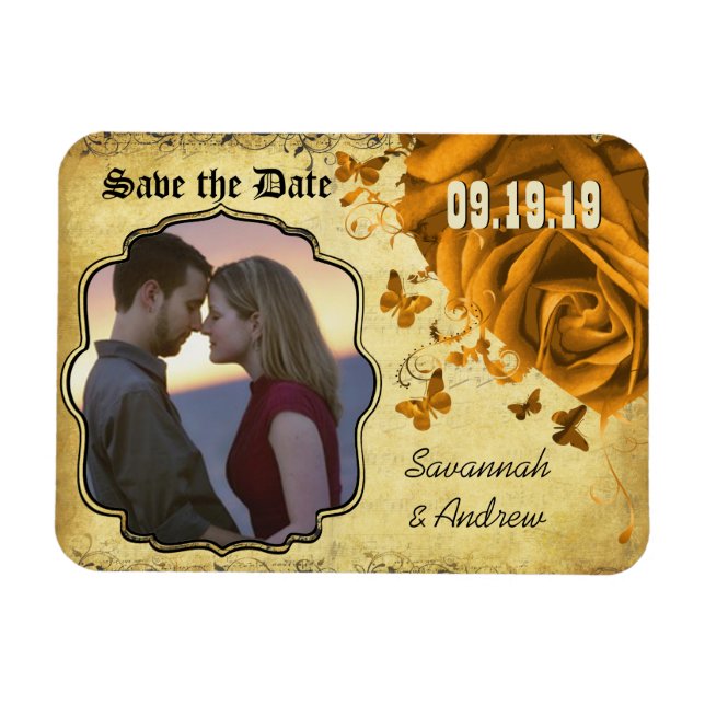 Magnet Flexible Roses et papillons Gold Heart Enregistrer la date (Horizontal)