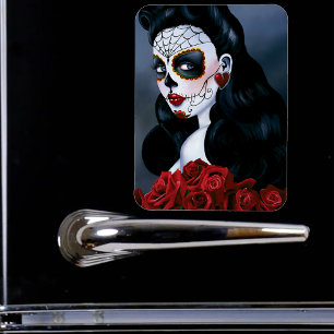 Magnet Flexible Roses Rouges Élégantes Femme Crâne de Sucre Gothiq
