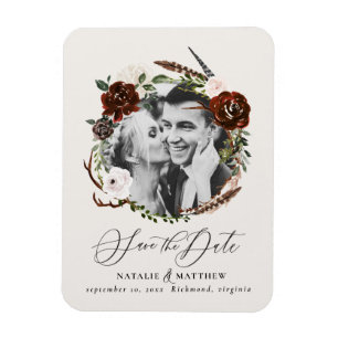 Magnet Flexible Rustic foliag, burgundy floral photo wedding