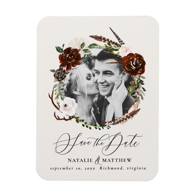Magnet Flexible Rustic foliag, burgundy floral photo wedding (Vertical)