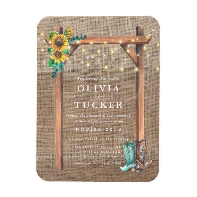 Magnet Flexible Rustique Burlap Wood Sunflower Mariage Invitation (Vertical)