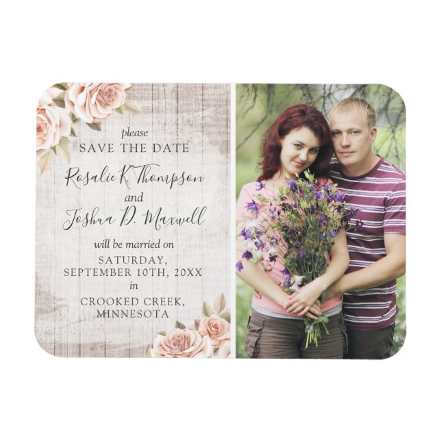 Magnet Flexible Sauvez La Date Bois Rustique & Roses Romantiques P (Horizontal)
