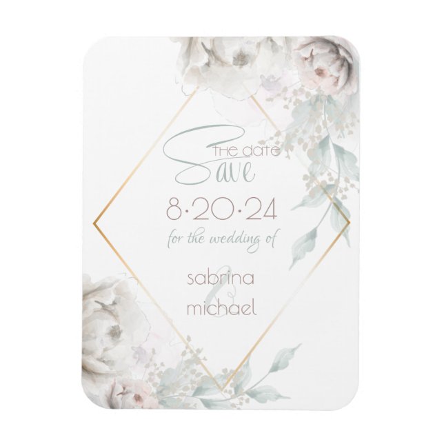 Magnet Flexible Save the date | Albâtre Peonies d'aquarelle blanch (Vertical)