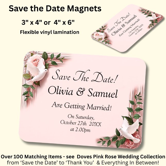 Magnet Flexible Save The Date - Pink Roses & Doves Wedding (Créateur téléchargé)
