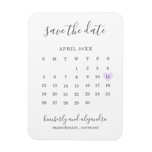 Magnet Flexible Simple Calendrier Pastel Violet Cœur Enregistrer l
