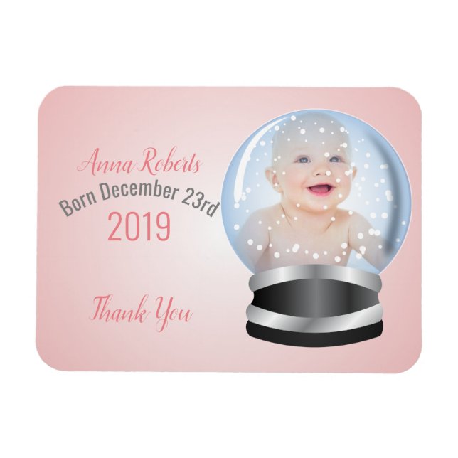Magnet Flexible Snow Globe Pink fille bébé merci (Horizontal)