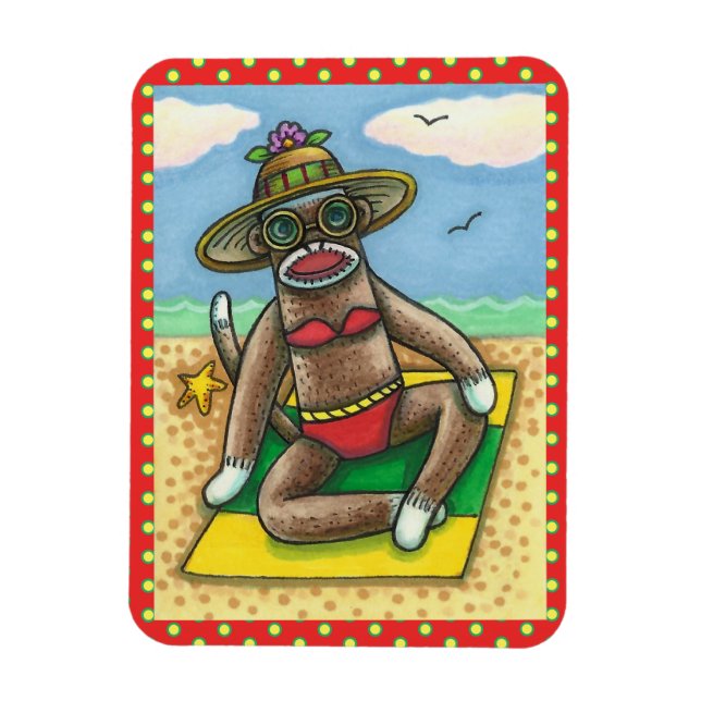 Magnet Flexible SOCK MONKEY RED BIKINI, AU CARTOON DE PLAGE Drôle (Vertical)