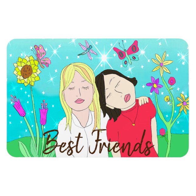 Magnet Flexible Soeurs Whimsical Folk Art dessiné à la main (Horizontal)