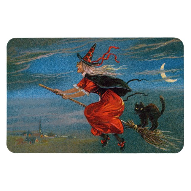 Magnet Flexible Sorcière volant avec chat noir la nuit d'Halloween (Horizontal)