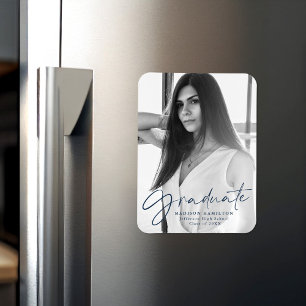 Magnet Flexible Stylish Navy Script Graduation Faire-part Photo