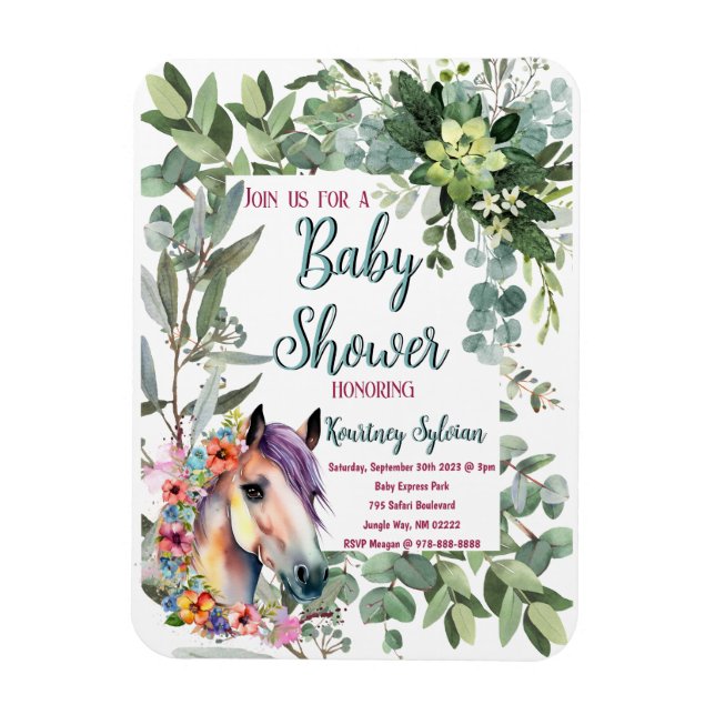 Magnet Flexible Superbe aquarelle Floral Horse Baby shower (Vertical)
