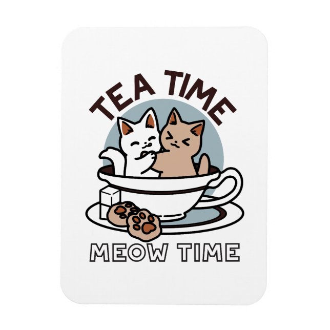 Magnet Flexible Tea Time Meow Time - Cute Cat and Tea Design (Vertical)