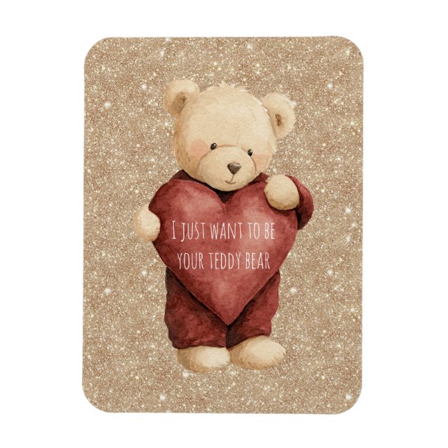 Magnet Flexible Teddy Bear Red Heart Gold Glitter (Vertical)
