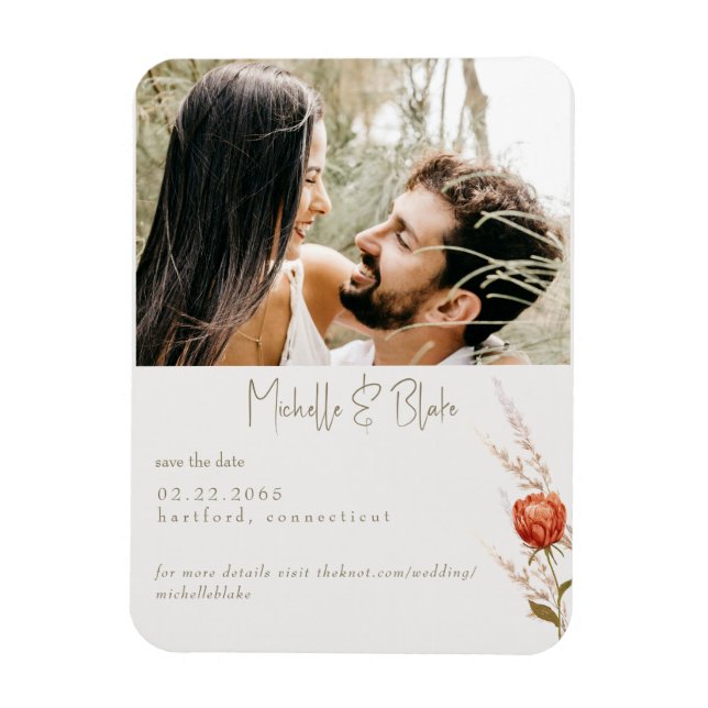Magnet Flexible Terracotta Floral Photo Wedding Enregistrer la dat (Vertical)
