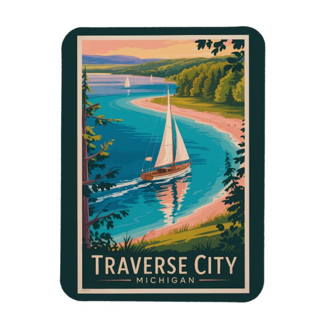 Magnet Flexible Traverse City Michigan Illustration Travel Art (Vertical)