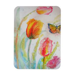 Magnet Flexible Tulipe colorée et papillon Aquarelle Salutations